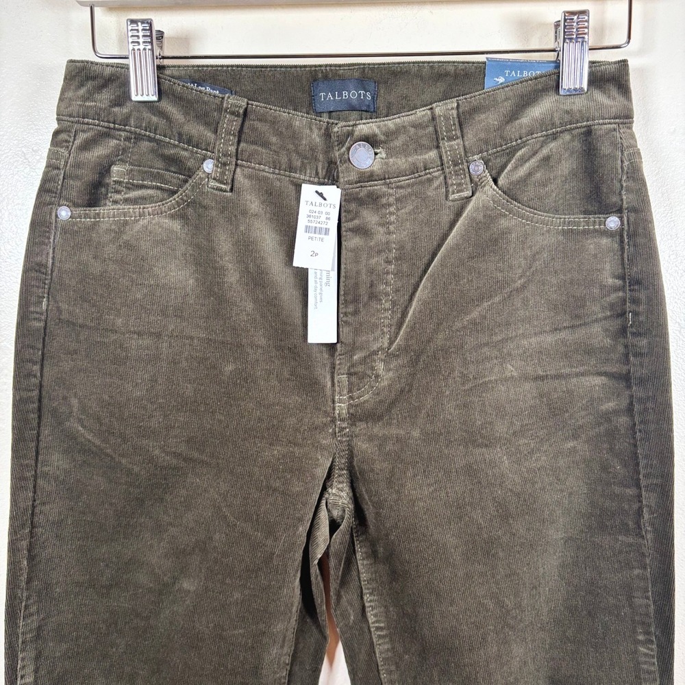 Talbots Corduroy Straight Leg Pant Women 2P Olive Green High Rise Slimming Panel
